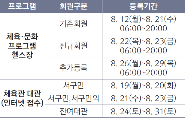 체육문화프로그램 등록기간 안내