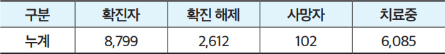 확진자 8,799 확진 해제 2,612 사망자 102 치료중 6,085