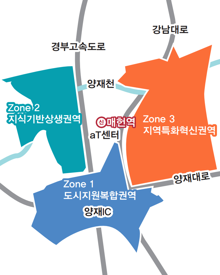 양재동 일대 Zone 1 도시지원복합권역 Zone 2 지식기반상생권역 Zone 3 지역특화혁신권역