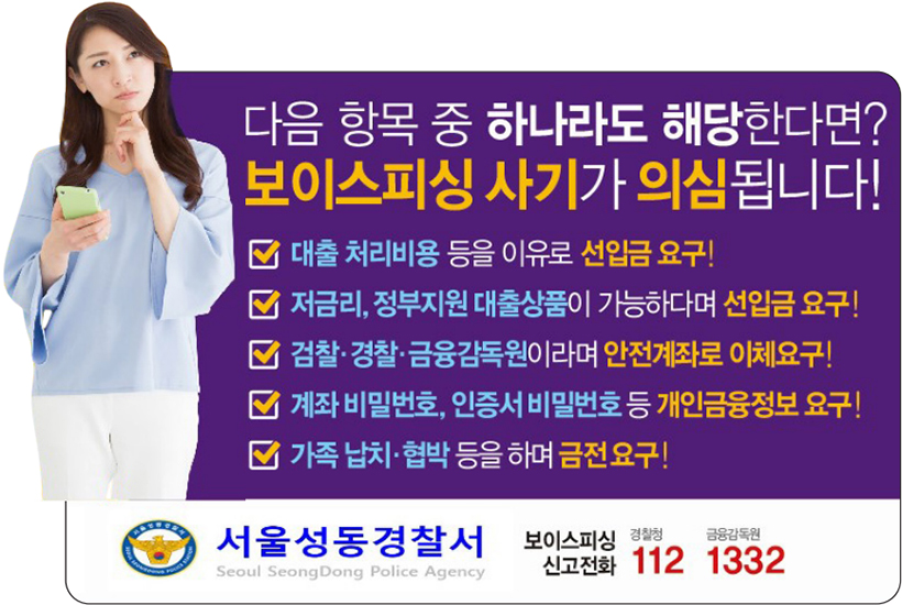 다음 항목 중 하나라도 해당한다면? 보이스피싱 사기가 의심됩니다! □ 대출 처리비용 등을 이유로 선입금 요구! □ 저금리, 정부지원 대출상품이 가능하다며 선입금 요구! □ 검찰·경찰·금융감독원이라며 안전계좌로 이체요구! 계좌 비밀번호, 인증서 비밀번호 등 개인금융정보 요구! □ 가족 납치·협박 등을 하며 금전 요구! 서울성동경찰서 보이스피싱 신고전화 경찰청 112금융감독원 1332