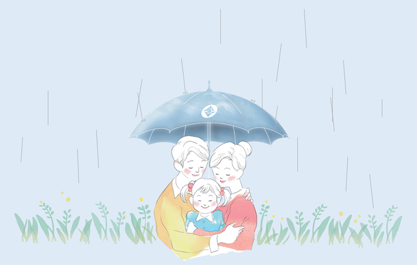 우산 쓴 가족 - 아빠 엄마 아이