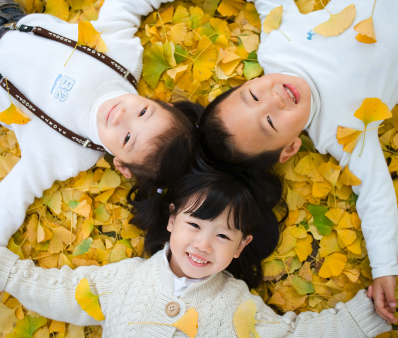 은행잎 위에 누워있는 어린이들