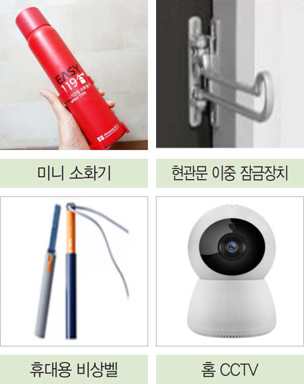 미니 소화기, 현관문 이중 잠금장치, 휴대용 비상벨, 홈 CCTV