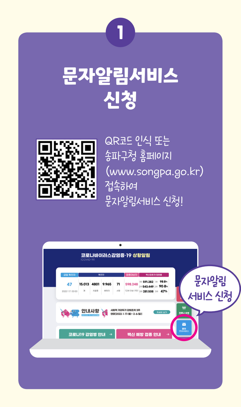 1. 문자알림서비스 신청 : QR코드 인식 또는 송파구청(www.songpa.go.kr) 접속하여 문자알림서비스 신청!