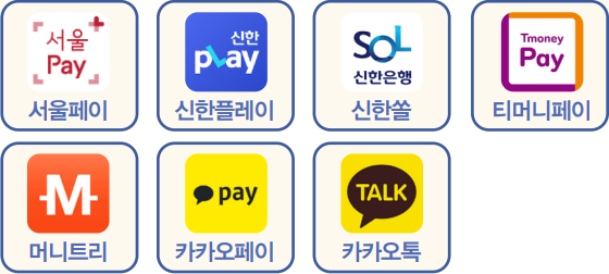 서울페이 / 신한플레이 / 신한쏠 / 티머니페이 / 머니트리 / 카카오페이 / 카카오톡