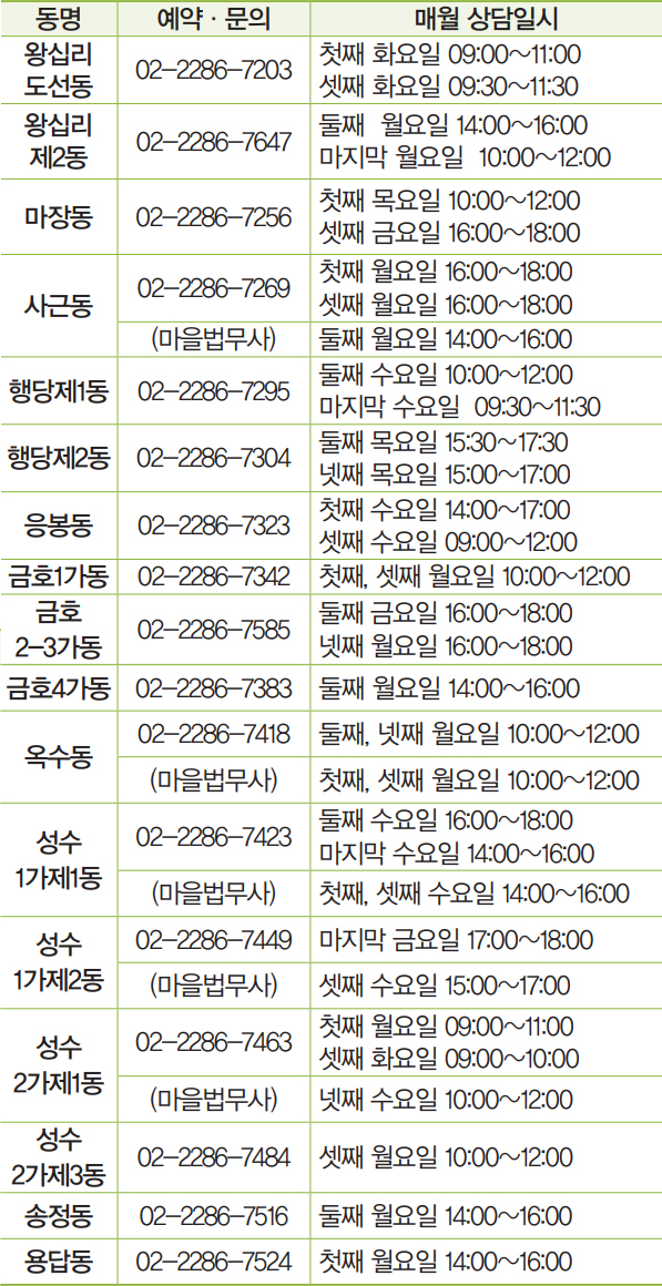 성동구 무료법률상담서비스 동별 상담일 및 문의 연락처