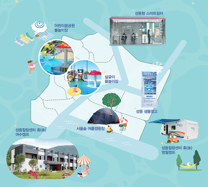 성동형 스마트쉼터 / 어린이꿈공원 물놀이장 / 성동 샘물창고 / 성동힐링센터 휴(休) 여수캠프 / 서울숲 여름캠핑장 / 성동힐링센터 휴(休) 영월캠프