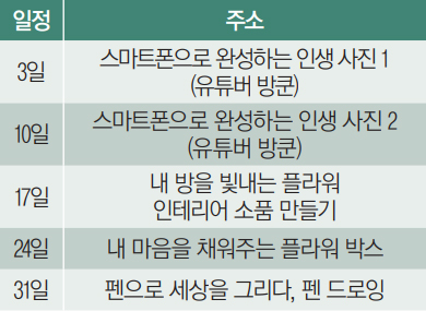 3일 스마트폰으로 완성하는 인생 사진 1(유튜버 방쿤) 10일 스마트폰으로 완성하는 인생 사진 2 (유튜버 방쿤) 17일 내 방을 빛내는 플라워 인테리어 소품 만들기 24일 내 마음을 채워주는 플라워 박스 31일 펜으로 세상을 그리다, 펜 드로잉