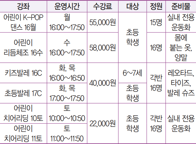 성동구립용답체육센터 9월 어린이강좌 안내
