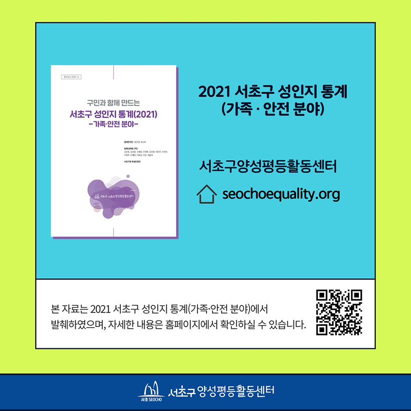 2021 서초구 성인지 통계(가족·안전 분야) 서초구양성평등활동센터 seochoequality.org 본 자료는 2021 서초구 성인지 통계(가족·안전 분야)에서 발췌하였으며, 자세한 내용은 홈페이지에서 확인하실 수 있습니다.