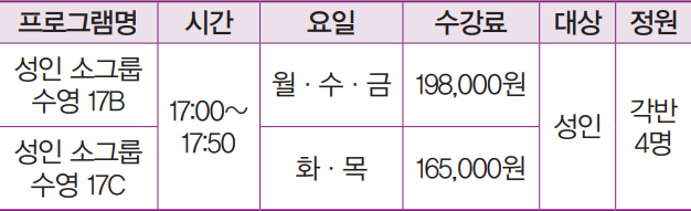 마장국민체육센터 성인소그룹수영 운영강좌 안내