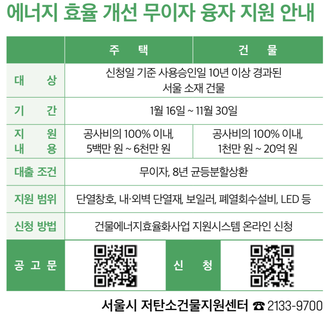 에너지 효율 개선 무이자 융자 지원 안내 서울시 저탄소건물지원센터 ☎ 2133-9700