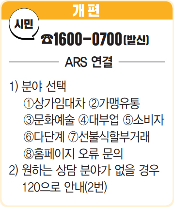 개편 시민 1600-0700 (발신) ARS 연결 1) 분야 선택 ①상가임대차 ②가맹유통 ③문화예술 ④대부업 ⑤소비자 ⑥다단계 ⑦선불식할부거래 ⑧홈페이지 오류 문의 2) 원하는 상담 분야가 없을 경우 120으로 안내(2번)