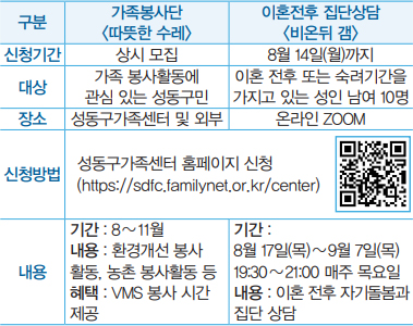 8월 성동구가족센터 프로그램 참여자 모집 안내