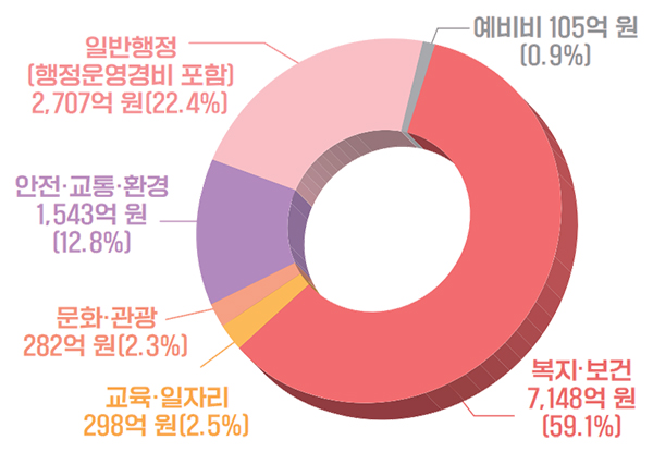 복지·보건 7,148억 원(59.1%) 일반행정(행정운영경비 포함) 2,707억 원(22.4%) 안전·교통·환경 1,543억 원(12.8%) 교육·일자리 298억 원(2.5%) 문화·관광 282억 원(2.3%) 예비비 105억 원 (0.9%)