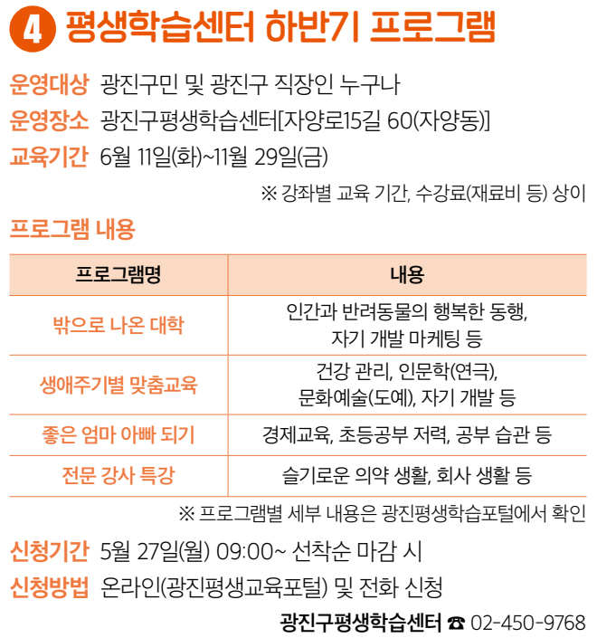 4 평생학습센터 하반기 프로그램 운영대상 광진구민 및 광진구 직장인 누구나 운영장소 광진구평생학습센터[자양로15길 60(자양동)] 교육기간 6월 11일(화)~11월 29일(금) ※ 강좌별 교육 기간, 수강료(재료비 등) 상이 프로그램 내용 밖으로 나온 대학 인간과 반려동물의 행복한 동행, 자기 개발 마케팅 등 생애주기별 맞춤교육 건강 관리, 인문학(연극), 문화예술(도예), 자기 개발 등 좋은 엄마 아빠 되기 경제교육, 초등공부 저력, 공부 습관 등 전문 강사 특강 슬기로운 의약 생활, 회사 생활 등 ※ 프로그램별 세부 내용은 광진평생학습포털에서 확인 신청기간 5월 27일(월) 09:00~ 선착순 마감 시 신청방법 온라인(광진평생교육포털) 및 전화 신청 광진구평생학습센터 ☎ 02-450-9768