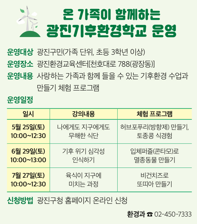 온 가족이 함께하는 광진기후환경학교 운영 운영대상 광진구민(가족 단위, 초등 3학년 이상) 운영장소 광진환경교육센터[천호대로 788(광장동)] 운영내용 사랑하는 가족과 함께 들을 수 있는 기후환경 수업과 만들기 체험 프로그램 운영일정 강의내용 5월 25일(토) 10:00~12:30 나에게도 지구에게도 무해한 식단 6월 29일(토) 10:00~13:00 기후 위기 심각성 인식하기 7월 27일(토) 10:00~12:30 육식이 지구에 미치는 과정 체험 프로그램 5월 25일(토) 10:00~12:30 허브포푸리(방향제) 만들기, 토종콩 식경험 6월 29일(토) 10:00~13:00 입체퍼즐(콘타모)로 멸종동물 만들기 7월 27일(토) 10:00~12:30 비건치즈로 또띠아 만들기 신청방법 광진구청 홈페이지 온라인 신청 환경과 ☎ 02-450-7333