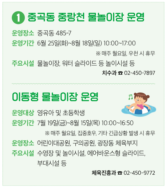 1 중곡동 중랑천 물놀이장 운영 운영장소 중곡동 485-7 운영기간 6월 25일(화)~8월 18일(일) 10:00~17:00 ※ 매주 월요일, 우천 시 휴무 주요시설 물놀이장, 워터 슬라이드 등 놀이시설 등 치수과 ☎ 02-450-7897 이동형 물놀이장 운영 운영대상 영유아 및 초등학생 운영기간 7월 19일(금)~8월 15일(목) 10:00~16:50 ※ 매주 월요일, 집중호우, 기타 긴급상황 발생 시 휴무 운영장소 어린이대공원, 구의공원, 광장동 체육부지 주요시설 수영장 및 놀이시설, 에어바운스형 슬라이드, 부대시설 등 체육진흥과 ☎ 02-450-9772