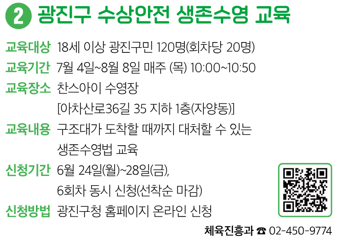 2 광진구 수상안전 생존수영 교육 교육대상 18세 이상 광진구민 120명(회차당 20명) 교육기간 7월 4일~8월 8일 매주 (목) 10:00~10:50 교육장소 찬스아이 수영장 [아차산로36길 35 지하 1층(자양동)] 교육내용 구조대가 도착할 때까지 대처할 수 있는 생존수영법 교육 신청기간 6월 24일(월)~28일(금), 6회차 동시 신청(선착순 마감) 신청방법 광진구청 홈페이지 온라인 신청 체육진흥과 ☎ 02-450-9774