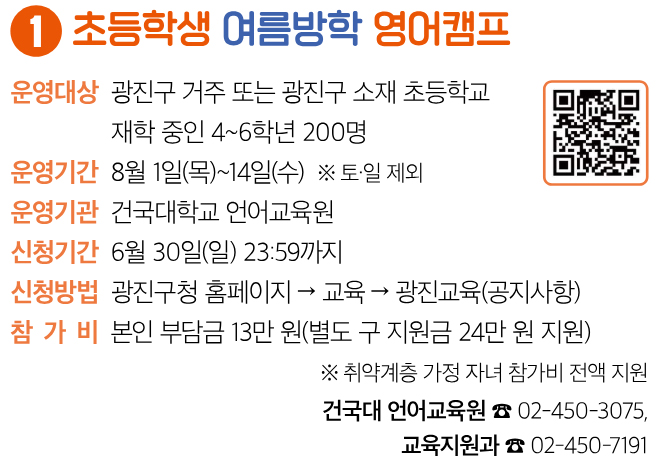 1 초등학생 여름방학 영어캠프 운영대상 광진구 거주 또는 광진구 소재 초등학교 재학 중인 4~6학년 200명 운영기간 8월 1일(목)~14일(수) ※ 토·일 제외 운영기관 건국대학교 언어교육원 신청기간 6월 30일(일) 23:59까지 신청방법 광진구청 홈페이지 → 교육 → 광진교육(공지사항) 참가비 본인 부담금 13만 원(별도 구 지원금 24만 원 지원) ※ 취약계층 가정 자녀 참가비 전액 지원 건국대 언어교육원 ☎ 02-450-3075, 교육지원과 ☎ 02-450-7191