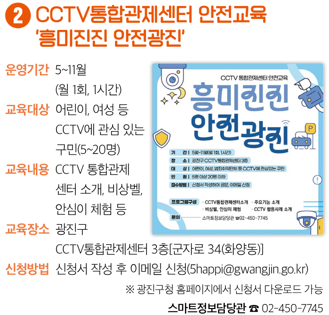 2 CCTV통합관제센터 안전교육 ‘흥미진진 안전광진’ 운영기간 5~11월 (월 1회, 1시간) 교육대상 어린이, 여성 등 CCTV에 관심 있는 구민(5~20명) 교육내용 CCTV 통합관제 센터 소개, 비상벨, 안심이 체험 등 교육장소 광진구 CCTV통합관제센터 3층[군자로 34(화양동)] 신청방법 신청서 작성 후 이메일 신청(5happi@gwangjin.go.kr) ※ 광진구청 홈페이지에서 신청서 다운로드 가능 스마트정보담당관 ☎ 02-450-7745