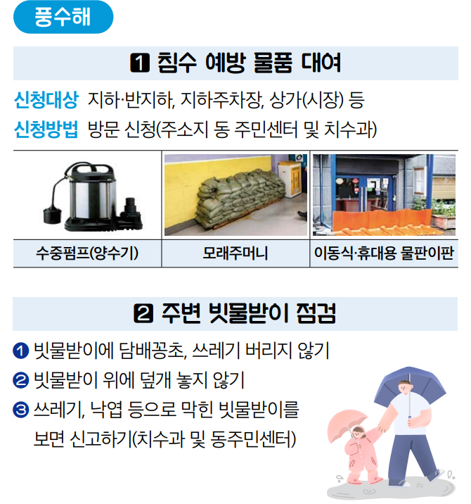 풍수해 1. 침수 예방 물품 대여 2. 침수 예방 물품 대여