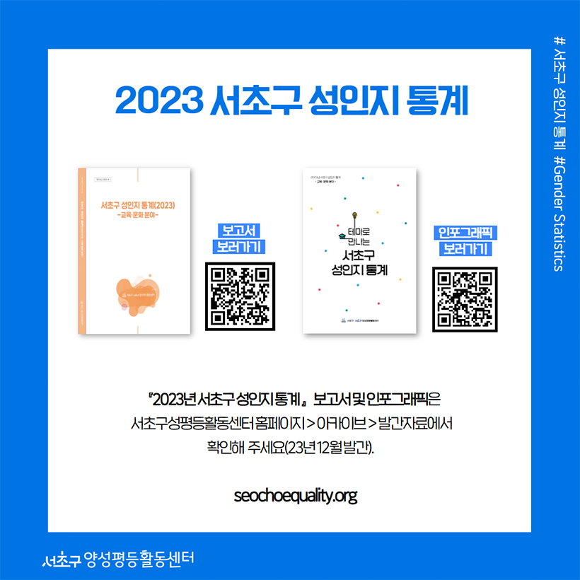 『2023 서초구 성인지 통계』 2023년 서초구 성인지 통계 보고서 및 인포그래픽은 서초구성평등활동센터 홈페이지 〉 아카이브 〉 발간자료에서 확인해 주세요(23년 12월 발간). seochoequality.org