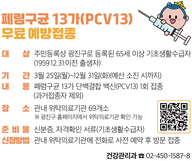 폐렴구균 13가(PCV13) 무료 예방접종