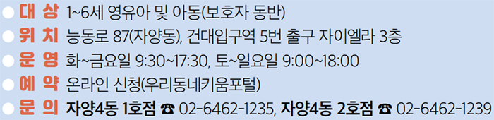 대 상 1~6세 영유아 및 아동(보호자 동반) ● 위 치 능동로 87(자양동), 건대입구역 5번 출구 자이엘라 3층 ● 운 영 화~금요일 9:30~17:30, 토~일요일 9:00~18:00 ● 예 약 온라인 신청(우리동네키움포털) ● 문 의 자양4동 1호점 ☎ 02-6462-1235, 자양4동 2호점 ☎ 02-6462-1239