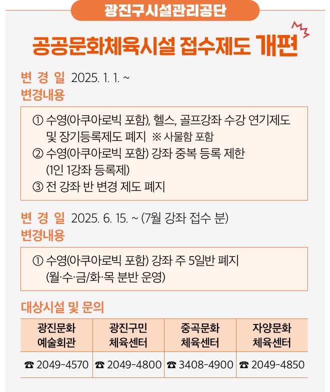 광진구시설관리공단 공공문화체육시설 접수제도 개편