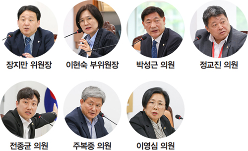 장지만 위원장, 이현숙 부위원장, 박성근 의원, 정교진 의원, 전종균 의원, 주복중 의원, 이영심 의원