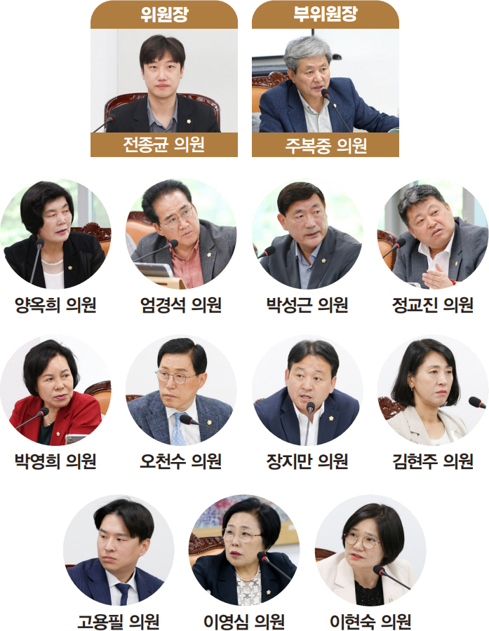 위원장 전종균 의원, 부위원장 주복중 의원, 양옥희 의원, 엄경석 의원, 박성근 의원, 정교진 의원, 박영희 의원, 오천수 의원, 장지만 의원, 김현주 의원, 고용필 의원, 이영심 의원, 이현숙 의원