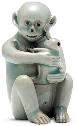 청자 모자원숭이모양 연적