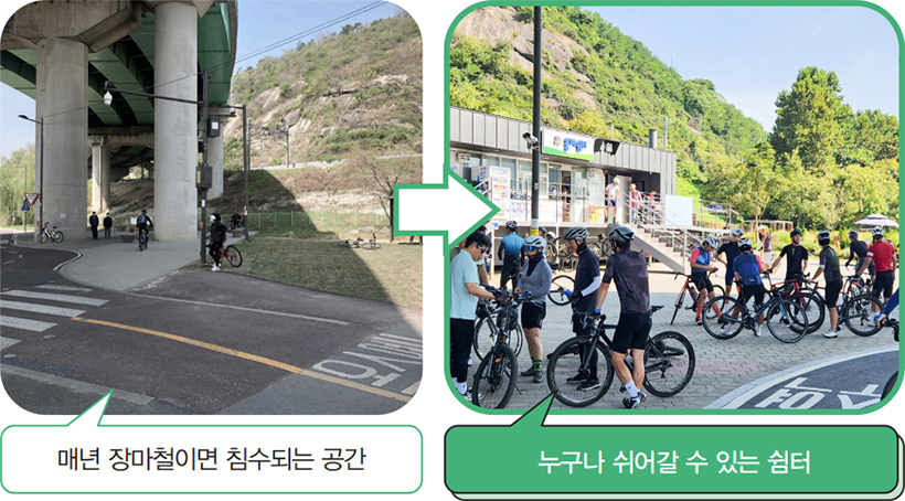 매년 장마철이면 침수되는 공간 → 누구나 쉬어갈 수 있는 쉼터