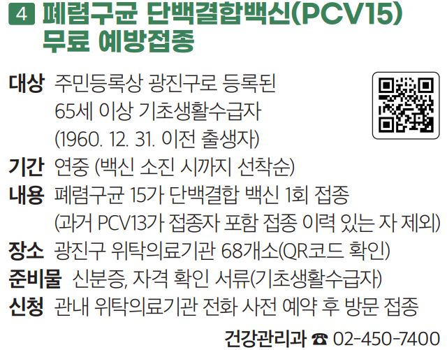 4 폐렴구균 단백결합백신(PCV15) 무료 예방접종
