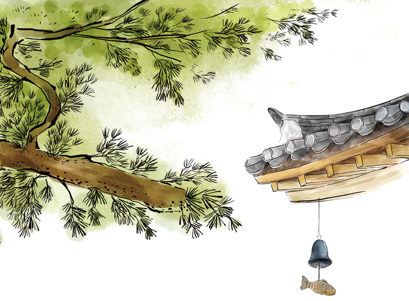 소나무와 한옥 처마 풍경 종 일러스트