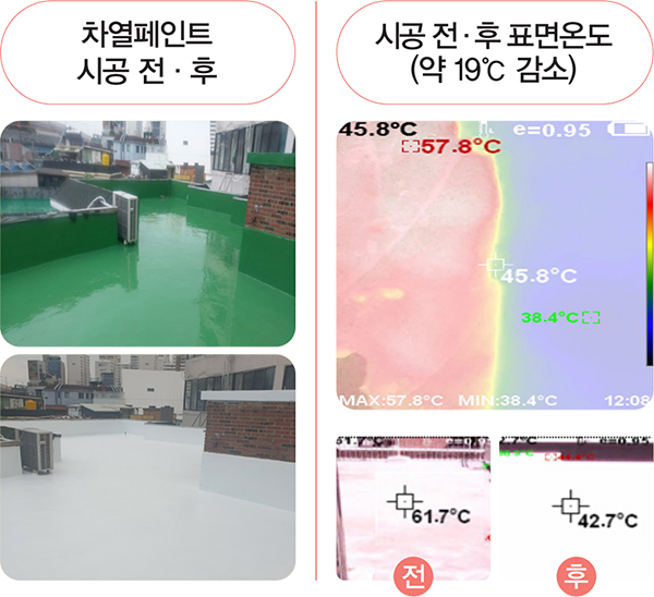 차열페인트 시공 전·후, 시공 전·후 표면온도(약 19℃ 감소)