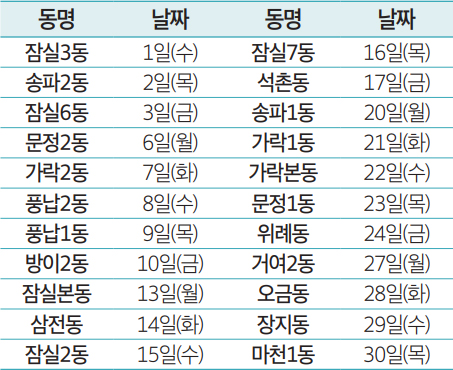 동별 일정 안내