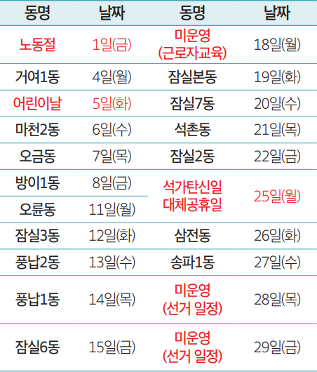 동별 일정 안내