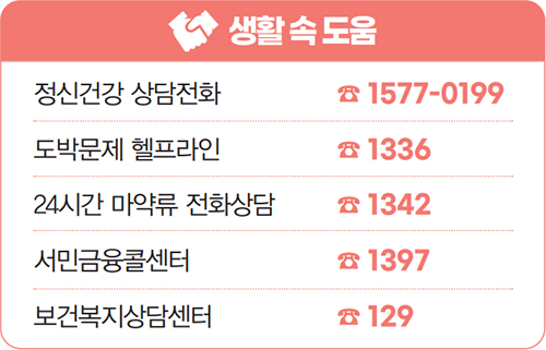 생활 속 도움 : 정신건강 상담전화 ☎ 1577-0199, 도박문제 헬프라인 ☎ 1336, 24시간 마약류 전화상담 ☎ 1342, 서민금융콜센터 ☎ 1397, 보건복지상담센터 ☎ 129
