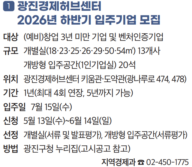 1 광진경제허브센터
2026년 하반기 입주기업 모집