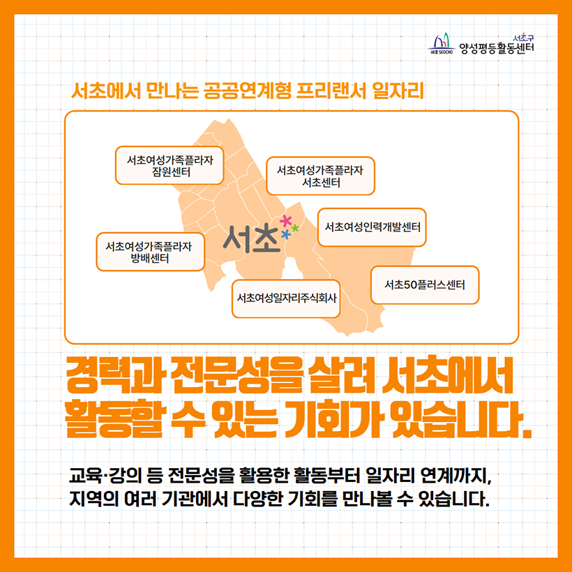 경력과 전문성을 살려 서초에서 활동할 수 있는 기회가 있습니다.