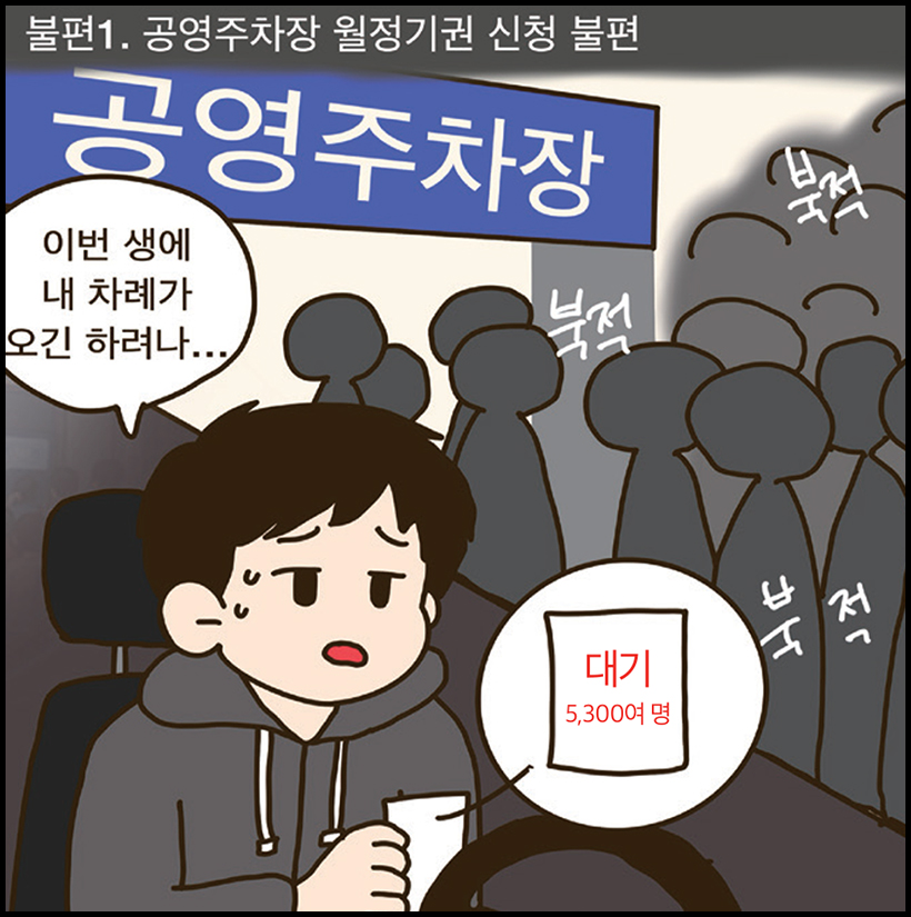불편1. 공영주차장 월정기권 신청 불편 / 그러려니씨 : 이번 생에 내 차례가 오긴 하려나... / 대기 5,300여 명