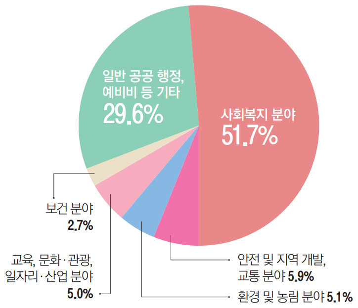 사회복지 분야 51.7% / 일반 공공 행정, 예비비 등 기타 29.6% / 안전 및 지역 개발, 교통 분야 5.9% / 환경 및 농림 분야 5.1% / 교육, 문화·관광, 일자리·산업 분야 5.0% / 보건 분야 2.7%